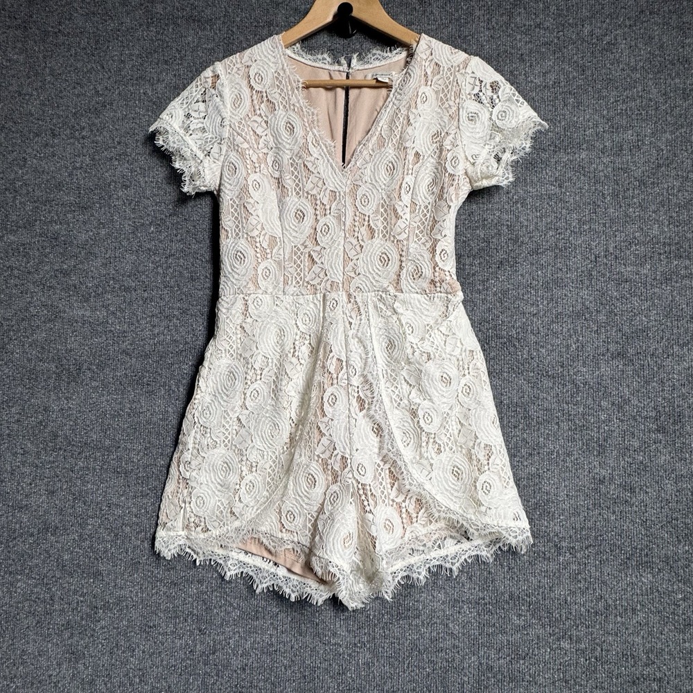 Francesca's M Ivory Floral Lace Romper Blush Lined V Neck Romantic Bridal Boho
